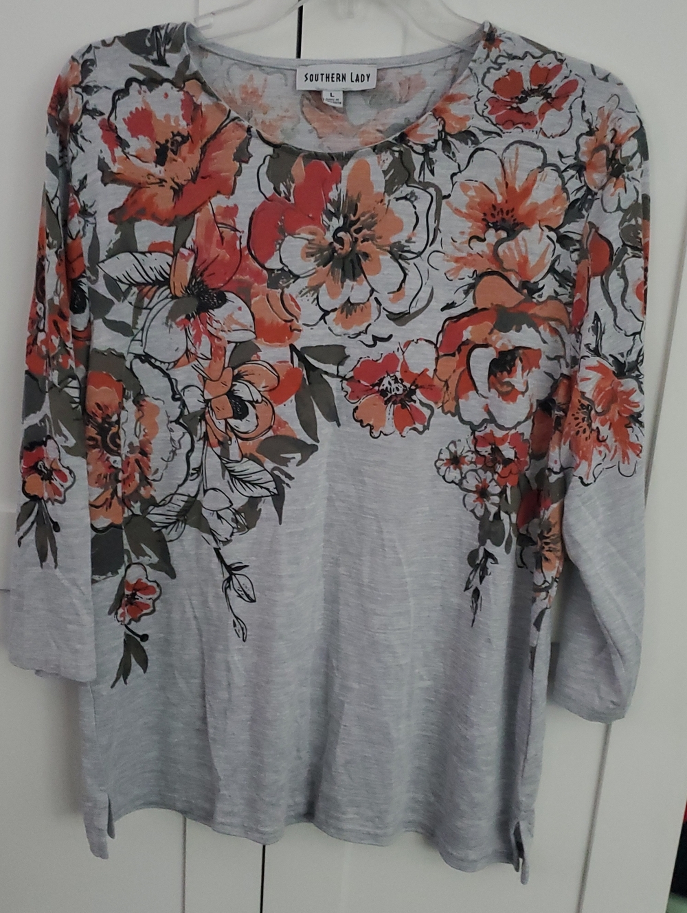 Southern Lady Light Gray Floral Long Sleeve Tee with Orange and Green